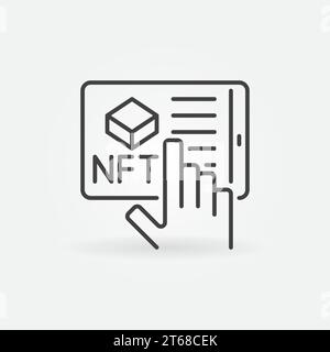 NFT auf Tablet-Bildschirm und Hand linearer Vektor nicht fungible Token Online-Kauf Konzept Symbol oder Logo-Element Stock Vektor