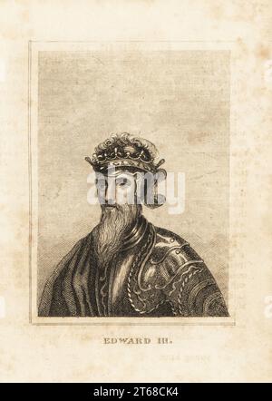 Porträt von König Eduard III. Von England, 1312–1377, in Krone, Helm, Anzug aus Plattenrüstung und Mantel. Kupferstich aus M. A. Jones History of England von Julius Caesar bis George IV., G. Virtue, 26 Ivy Lane, London, 1836. Stockfoto