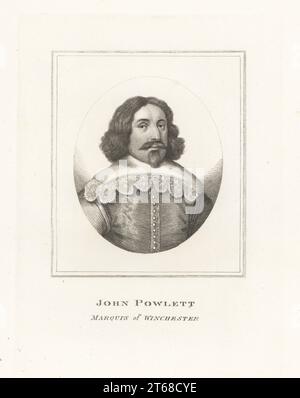 John Paulet, 5. Marquess of Winchester, um 1598-1675. Royalist, gefangen im Tower of London wegen Hochverrats von Oliver Cromwell. John Powlett, Marquis of Winchester. Aus einer Zeichnung. Kupferstich aus der Samuel Woodburns Gallery mit seltenen Porträts bestehend aus Original Plates, George Jones, 102 St Martins Lane, London, 1816. Stockfoto