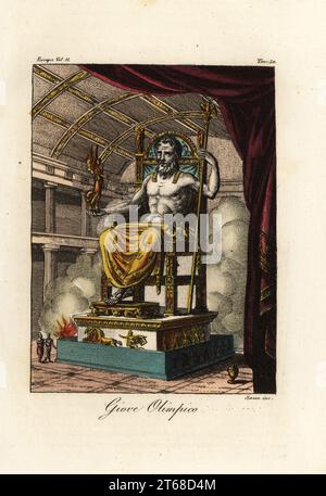 Zeus- oder Jupiterstatue in Olympia, riesige sitzende Figur des griechischen Bildhauers Phidias um 435 v. Chr. im Heiligtum von Olympia, Griechenland. Giove Olimpico. Handkolorierter Kupferstich von Giovanni Antonio Sasso nach Antoine-Chrysostome Quatremere de Quincy von Giulio Ferrarios Kostüme Alte und Moderne der Völker der Welt, Il Kostüm Antico e Moderno, Florenz, 1842. Stockfoto