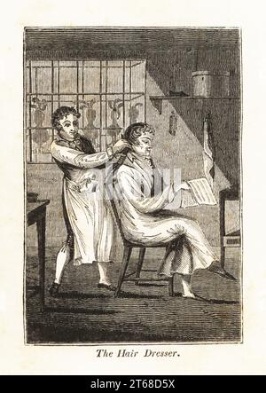 Friseur in Schürze mit einem Kamm, um die Haare eines Kunden in einem Friseur zu bürsten. Der Gentleman-Kunde liest eine Zeitung. Die Büsten im Schaufenster sind mit Federn und Federn geschmückt. Holzschnitt aus dem Book of English Trades oder Library of Nützliches Arts, F.C.& J. Rivington, London, 1821. Stockfoto