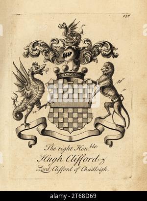 Wappen der Rechten, ehrenvoller Hugh Clifford, Lord Clifford of Chudleigh, 2. Baron Clifford of Chudleigh (16631730). Kupferstich von Andrew Johnston nach C. Gardiner aus Notitia Anglicana, Shewing the Achievement of all the English Ability, Andrew Johnson, The Strand, London, 1724. Stockfoto