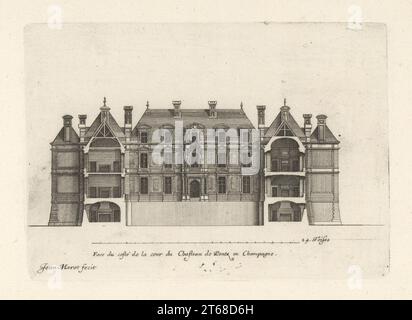 Fassade des Innenhofs des Chateau de Pontz, Champagner, entworfen vom Architekten Pierre Lemuet. Face du coste de la Cour du Chasteau de Pontz en Champagne. Gravur aus Kupferplatten, gezeichnet und graviert von Jean Marot aus seinen Recueil des Plans, Profils et Elevations de plusieurs Palais, Chasteaux, Eglises, Sepultures, Grotes et Hotels, Sammlung von Plänen, Profilen und Höhen von Palästen, Schlössern, Kirchen, Gräbern, Grotten und Hotels, chez Mariette, Paris, 1655. Stockfoto