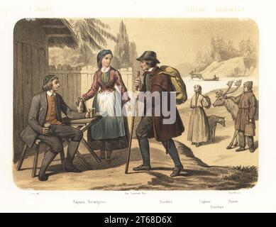 Kostüme aus Norwegen und Schweden, 1858. Norwegische Bauern trinken Bier in einer Taverne und treffen einen schwedischen Bauern mit Personal und Rucksack. Samische Leute mit einem Rentier und auf einem Schlitten auf einem gefrorenen See. Paysans Norwegiens, Suedois, Lapons, renne, Traineau. Handkolorierte und Sepia-getönte Lithographie von Jean-Adolphe Bocquin nach einer Illustration von Auguste Leloir aus Elisabeth Muller (Pseudonym von Leonie Bedelet) Le Monde en Estampes, The World in Prints, Amadee Bedelet, Paris, 1858. Stockfoto