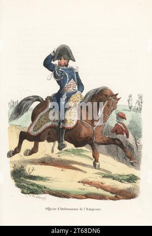 Adjutant des Kaisers Napoleon, 1806-1814. In Bicorne, blauem Frack und Reithose im Husaren-Stil, scharlachrote und silberne Weste, Stiefeln, bewaffnet mit Säbel. Pferd mit Tigerfell-Shabrack. Officier d'Ordonnance de l'Empereur. Handkolorierter Holzschnitt von Henri Désiré Porret nach einer Illustration von Hippolyte Bellangé von P.M. Laurent de lArdeches Histoire de Napoleon, Paris, 1840. Stockfoto