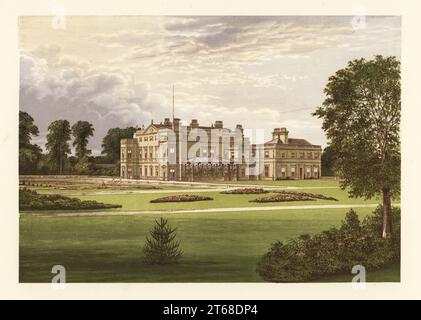 Dalton Hall, Yorkshire, England. Der neoklassizistische Saal wurde 1771 von Thomas Atkinson für Sir Charles Hotham-Thompson, 8. Baronet, erbaut und 1872 von Payne und Talbot für den 5. Baron Hotham mit Kolonnade und Balustraden umgebaut. Farbholzblock von Benjamin Fawcett im Baxter-Prozess einer Illustration von Alexander Francis Lydon von Reverend Francis Orpen Morriss malerische Ansichten der Sitze von Adligen und Herren von Großbritannien und Irland, William Mackenzie, London, 1880. Stockfoto