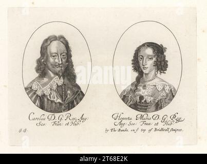 Ovale Portaits von Karl I., 1600-1649. Und Henrietta Maria, 1609-1669, König und Königin von England, Schottland, Frankreich und Irland. Carolus GD Rex Ang SCO Fran et Hib. Henreta Maria GD Reg Ang SCO Fran et Hib. Von einem seltenen Druck von George Glover, der von Thomas Bancks auf der Bridewell Treppe verkauft wurde. Kupferstich aus der Samuel Woodburns Gallery mit seltenen Porträts bestehend aus Original Plates, George Jones, 102 St Martins Lane, London, 1816. Stockfoto