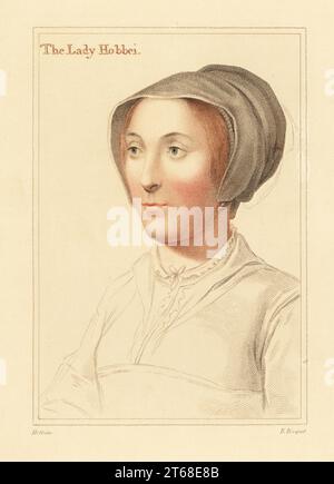 Elizabeth Cooke war die Frau von Sir Thomas Hoby (d. L 1596, S. Auch als Elizabeth Stonor identifiziert, Ehefrau von Sir Philip Hoby, englischer Botschafter im Heiligen Römischen Reich. Die Dame Hobbei. Handkolorierter Kupferstich-Stich von E. Bocquet nach einem Porträt von Hans Holbein dem Jüngeren nach Imitationen von Originalzeichnungen von Hans Holbein, John Chamberlaine, London, 1812. Stockfoto