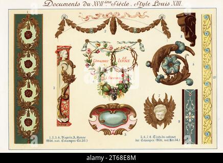 Design-Elemente aus der Zeit von Louis XIII, 17. Jahrhundert. 1-4 nach Abraham Bosse, 5-8 nach Beispielen im Druckgrafikkabinett, Bibliotheque Nationale. Chromolithographie von Ernst Guillot aus Elements d'Ornementation du XVIIem et XVIIIe Siecle, Ornamentelemente des 17. Und 18. Jahrhunderts, Renouard, Paris, 1890. Stockfoto