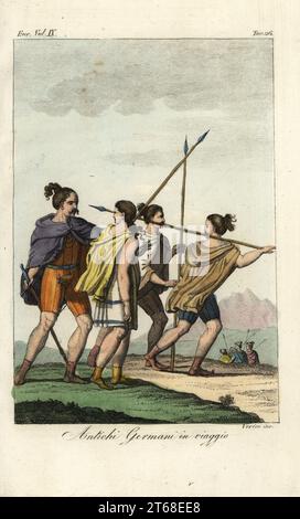 Tracht der alten germanischen Völker auf einer Reise. Sie tragen kurze Umhänge und Tuniken und tragen Speere und Schwerter. Nach Philipp Cluvers Germania Antiqua. Antichi Germani bei Viaggio. Handkolorierter Kupferstich von Verico aus Giulio Ferrarios Kostüme Alte und Moderne der Völker der Welt, Il Kostüm Antico e Moderno, Florenz, 1837. Stockfoto