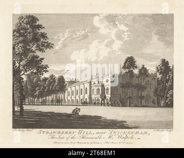 Strawberry Hill, in der Nähe von Twickenham, gotische Villa, erbaut für Schriftsteller, Historiker und Politiker, Horace Walpole, 1717-1797. Zwei Gärtner, die den Rasen vor dem Kronenhaus Rollen. Entworfen vom Amateurarchitekten John Chute und Designer Richard Bentley. Gravur aus Kupferplatten von Edward Rooker nach einer Illustration von Paul Sandby vom Copper Plate Magazine oder Monthly Treasure, G. Kearsley, London, 1. Oktober 1774. Stockfoto