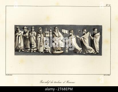 BAS-Relief aus dem Grab von Hincmar (806–882), Erzbischof von Reims und Berater von Karl dem Kahlen, Karolinger Kaiser, 823–877. Aus der Kathedrale Notre-Dame de Reims, 1793 zerstörtes Basrelief. BAS-Relief du tombeau dHincmar. Getönte Lithografie von Bösewicht nach einer Illustration von Horace de vier-Castel aus seiner Sammlung des Kostüms, Armes et meubles pour servir à l’histoire de la France (Sammlung von Kostümen, Waffen und Möbeln für die Geschichte Frankreichs), Treuttel & Wurtz, Bossange, 1827. Stockfoto