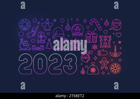 Neue 2023 Jahre horizontale bunte Umrissillustration - Frohe Weihnachten 23 Konzept Vektorbanner auf dunklem Hintergrund Stock Vektor