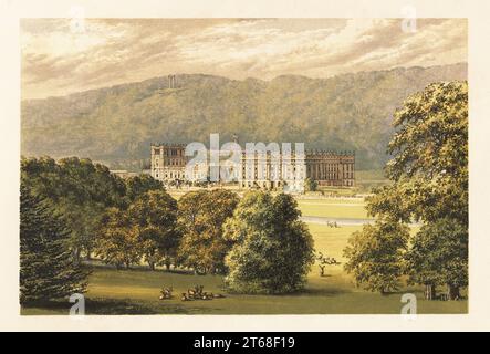 Chatsworth House, Derbyshire, England. Georgianisches neoklassizistisches Haus, das 1687 erbaut wurde, mit einem späteren Nordflügel, der vom Architekten Sir Jeffry Wyatville entworfen wurde, und Gärten, die von Lancelot Capability Brown für die Dukes of Devonshire gestaltet wurden. Mit Stallungen hinter dem Haus und Jagdturm in Stand Wood. Farbholzblock von Benjamin Fawcett im Baxter-Prozess einer Illustration von Alexander Francis Lydon von Reverend Francis Orpen Morriss malerische Ansichten der Sitze von Adligen und Herren von Großbritannien und Irland, William Mackenzie, London, 1880. Stockfoto