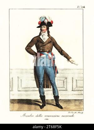 Kostüm eines Mitglieds des Nationalkonvents, französische Revolutionszeit, 1793. In Bicorne mit dreifarbigen Federn, braunem Mantel, Krawatte, blauer Hose, dreifarbigem Gürtel, wadenlange Stiefel. Membre de la Convention nationale. Handkolorierte Lithographie von Lorenzo Bianchi und Domenico Cuciniello nach Hippolyte Lecomte aus Costumi civili e militari della monarchia francese dal 1200 al 1820, Neapel, 1825. Italienische Ausgabe der Lecomtes Zivil- und Militärkostüme der französischen Monarchie von 1200 bis 1820. Stockfoto