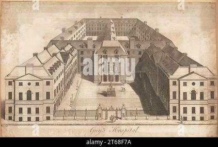 Guy's Hospital, Southwark, London, 1730s, aus der Vogelperspektive. Zweite Stufe des Krankenhausgebäudes mit neuen Flügeln nach Norden und Statue von Thomas Guy im Innenhof. Kupferstich von Benjamin Cole nach einer Zeichnung von Robert West, London, 1756. Stockfoto