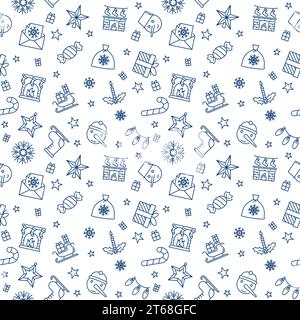 Weihnachtskontur minimales nahtloses Muster - Weihnachtskonzept Vektor-Hintergrund im Umrissstil Stock Vektor