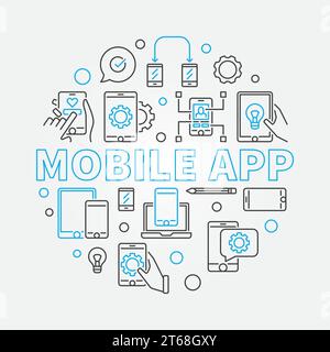Kreisförmige Illustration des Vektorkonzepts der mobilen App aus Symbolen für Smartphones und Computer Stock Vektor