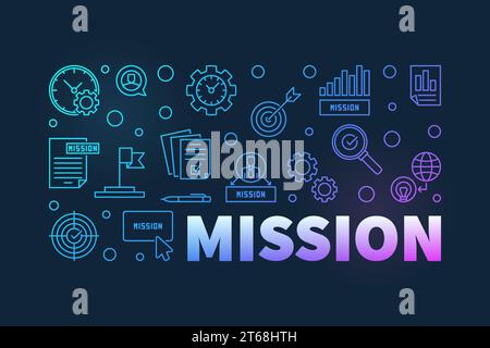 Mission horizontales farbenfrohes Banner im Outline-Stil. Vektorillustration auf dunklem Hintergrund Stock Vektor