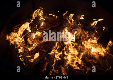 Großes Lagerfeuer in der Nacht. Brennholz brennt unter freiem Himmel. Gelbe Flamme. Hohe Verbrennungstemperatur. Stockfoto