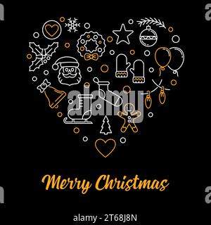 Frohe Weihnachten Herz Vektor kreative Weihnachtsillustration in dünner Linie Stil auf dunklem Hintergrund Stock Vektor