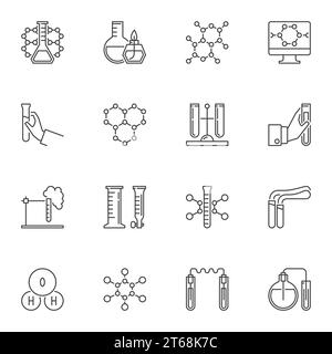 Symbole für Vektorkonzepte der chemischen Forschung oder Designelemente im Umrissstil Stock Vektor