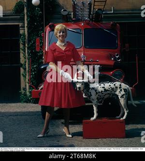 In den 1950er Jahren modisch. Eine junge Frau in einem roten Kleid, weißen Handschuhen und weißen Schuhen steht zusammen mit einem dalmatinischen Hund mit einem amerikanischen Feuerwehrhelm vor einem Ford-Feuerwehrauto. Der Dalmatier ist traditionell ein Maskottchen der Feuerwehr. Schweden 1958 Ref. CV68-2 Stockfoto