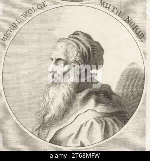 Michael Wolgemut, oder Michael Wohlgemuth, deutscher Maler und Printmacher, 1434–1519. Leitete eine Werkstatt in Nürnberg, Tutor von Albrecht Durer. Michael Wolgemuth Norib. Kupferstich von Philipp Kilian nach einer Illustration von Joachim von Sandrart aus seiner LAcademia Todesca, della Architectura, Scultura & Pittura, oder Teutsche Academie, der Edlen Bau- Bild- und Mahlerey-Kunste, Deutsche Akademie für Architektur, Skulptur und Malerei, Jacob von Sandrart, Nürnberg, 1675. Stockfoto