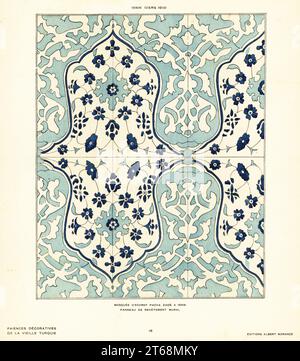 Platte aus Keramikfliesen mit Laub und Blumen in der Esrefzade-Moschee in Iznik, Bursa, hergestellt in Iznik, Türkei, um 1610. Mosquee dEchref Pacha Zade a Isnik. Wandgemälde Panneau de revetement. Isnik (Vers 1610). Pochoir (Schablone) handkolorierte Lithografie von Alexandre Raymonds Faience Decorative de la Vieille Turquie, Dekorative Keramik aus der antiken Türkei, Editions Albert Morance, Paris, 1927. Stockfoto