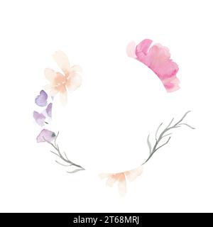 Pastellrosa Blumenrand im lockeren Aquarellstil mit Pfingstrose, Gänseblümchen und Hyazinthe. Blumenrahmen Banner, Hochzeitseinladung, Grußkarte, Dusche Stockfoto