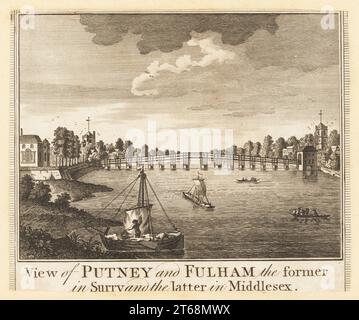 Blick auf die Putney Bridge über die Themse, London, 1784. Eine hölzerne Mautbrücke, die 1729 von Thomas Philips gebaut wurde und von Sir Jacob Acworth entworfen wurde, wurde 1870 abgerissen. St. Mary's Church am südlichen Ende und All Saints Church am nördlichen Ende Blick auf Putney, Surrey und Fulham, Middlesex. Kupferstich von William Thorntons New, Complete and Universal History of the City of London, Alexander Hogg, King's Arms, No. 16 Paternoster Row, London, 1784. Stockfoto