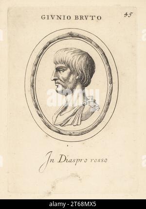 Büstenprofil von Junius Brutus in rotem jaspis. Marcus Junius Brutus, 85-42 v. Chr., römischer Politiker, Redner und Attentäter von Julius Cäsar. Giunio Bruto in diaspro rosso. Kupferstich von Giovanni Battista Galestruzzi nach Leonardo Agostini aus Gemmae et Sculpturae Antiquae Depicti ab Leonardo Augustino Senesi, Abraham Blooteling, Amsterdam, 1685. Stockfoto