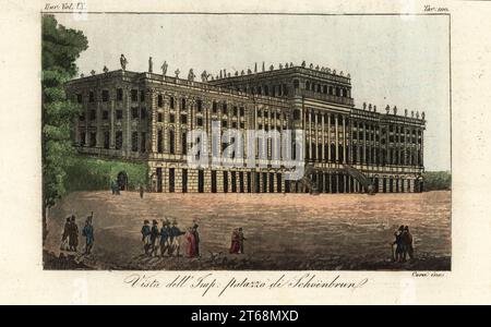 Blick auf Schloss Schönbrunn, Wien, 1822. Die Hauptsommerresidenz der Habsburger Herrscher. Vista dellImp. Palazzo di Schoenbrun. Aus Alexandre de Labordes Voyage pittoresque en Autriche, 1822. Handkolorierter Kupferstich von Corsi aus Giulio Ferrarios Kostüme Alte und Moderne der Völker der Welt, Il Kostüm Antico e Moderno, Florenz, 1844. Stockfoto