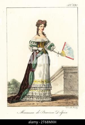 Maria Anna Christine Victoria von Bayern, 1660–1690, Dauphine von Frankreich durch Heirat mit Ludwig, Grand Dauphin. Haare in Korkenzieherlocken, Schönheitsfleck, schulterfreies Kleid, schnürsenkel, Puffärmel, Mieder, Samtkleid, Unterrock mit Rüschen, einen Ventilator halten. Marie Anne de Baviere, Dauphine. Handkolorierte Lithographie von Lorenzo Bianchi und Domenico Cuciniello nach Hippolyte Lecomte aus Costumi civili e militari della monarchia francese dal 1200 al 1820, Neapel, 1825. Italienische Ausgabe der Lecomtes Zivil- und Militärkostüme der französischen Monarchie von 1200 bis 1820. Stockfoto