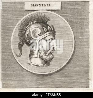 Hannibal, karthagischer General, um 247-183 v. Chr. Der Sohn von Hamilcar Barca kommandierte die Truppen von Karthago gegen die Römische Republik während des Zweiten Punischen Krieges. Profil eines bärtigen Mannes mit Haubenhelm. Hannibal. Kupferstich nach einer Illustration von Joachim von Sandrart aus seiner LAcademia Todesca, della Architectura, Scultura & Pittura, oder Teutsche Academie, der Edlen Bau- Bild- und Mahlerey-Kunste, Deutsche Akademie für Architektur, Skulptur und Malerei, Jacob von Sandrart, Nürnberg, 1675. Stockfoto