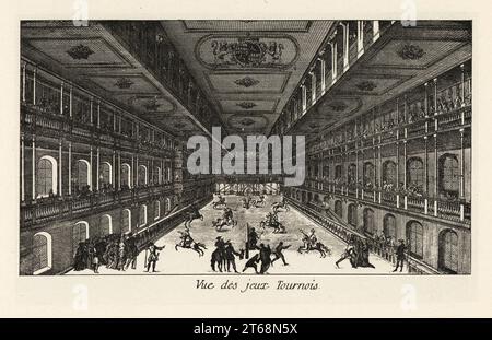 Blick auf die Turnierspiele in der prächtigen Arena von Maximilian II. Emanuel, Kurfürst von Bayern, 18. Jahrhundert. Die Zuschauer beobachten, wie die Fahrer von den Balkonen aus unter die Luft jagen. Vue des jeux Tournois dans le superbe manège de le Duc de Bavière. Ätzung von Jacques Chereau, rue St Jacques. Lithografie aus Henry Rene dAllemagnes Recreations et Passe-Temps, Games and Pastimes, Hachette, Paris, 1906. Stockfoto