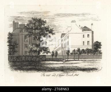 Das westliche Ende der Upper Brook Street, London, 1807. Neoklassizistische Terrassen von den Feldern des Hyde Park in Richtung Grosvenor Square. Kupferstich gezeichnet und gestochen von James Peller Malcolm aus seinen Anekdoten der Manners and Customs of London im 18. Jahrhundert, Longman, Hurst, London, 1808. Malcolm (1767-1815) war ein amerikanisch-englischer Topograph und Kupferstecher, Fellow der Society of Antiquaries. Stockfoto