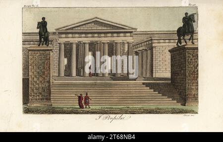 Blick auf die Propyläen, Eingang zur Akropolis, Athen, Griechenland. Rechts der Tempel der Athena Nike und links das Gebäude mit den Gemälden des griechischen Malers Polignotus. I Propilei. Handkolorierter Kupferstich von Giovanni Antonio Sasso aus Giulio Ferrarios Kostüme Alte und Moderne der Völker der Welt, Il Kostüm Antico e Moderno, Florenz, 1826. Stockfoto