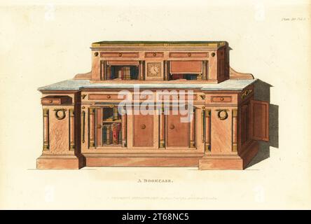 Bücherregal für eine Bibliothek, 1812. Mit Zwerg Bücherregal, Marmor Tischplatte, Mahagoni Bücherregal für Folio-Größe Bücher. Dekoriert mit einer kleinen, goldfarbenen Uhr, Persic-Säulen und Masken der Musen. Handkolorierter Kupferstich aus dem Upholsterer's and Cabinet-Maker's Repository, bestehend aus sechsundsiebzig Entwürfen moderner und modischer Möbel, Rudolph Ackermann, London, 1830. Stockfoto