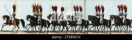 Eine Schwadron der Rettungswächter. Haushaltsbrigade, in Queen Victorias Krönungsparade. Handgefärbter Aquatinstich aus Fores' korrekter Darstellung der Staatsprozession anlässlich der August-Zeremonie der Krönung Ihrer Majestät, 28. Juni 1838, herausgegeben von Fores, Sporting and Fine Print Repository, Piccadilly, London, 1838. Stockfoto