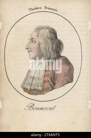 Jean-Baptiste Jacques Gimat de Bonneval, französischer Schauspieler, debütierte 1741 in Tartuffe bei der Comedie-Francais, 1711-1783. Auch ein Schriftsteller. Bonneval. Theater Francais. Handkolorierter Kupferstich nach Jacques Grasset Saint-Sauveur von Acteurs et Actrices Cebres, berühmten Schauspielern und Schauspielerinnen, Le Caliz Latour Libraire, Paris, 1808. Stockfoto