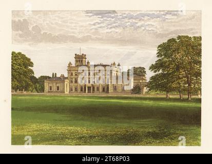 Locko Park, Derby, England. Villa im italienischen Stil mit Hauptkörper mit Portikus und Flügeln, Heim von William Drury Lowe, Esq. Farbholzblock von Benjamin Fawcett im Baxter-Prozess einer Illustration von Alexander Francis Lydon von Reverend Francis Orpen Morriss Eine Reihe malerischer Ansichten der Sitze von Adligen und Gentlemen von Großbritannien und Irland, William Mackenzie, London, 1870. Stockfoto