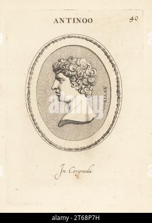 Büste von Antinous oder Antinoös, um 111 130, griechische Jugend aus Bithynien und ein Favorit des römischen Kaisers Hadrian. Im Karneol. Antinoo. Bei Corgnola. Kupferstich von Giovanni Battista Galestruzzi nach Leonardo Agostini aus Gemmae et Sculpturae Antiquae Depicti ab Leonardo Augustino Senesi, Abraham Blooteling, Amsterdam, 1685. Stockfoto