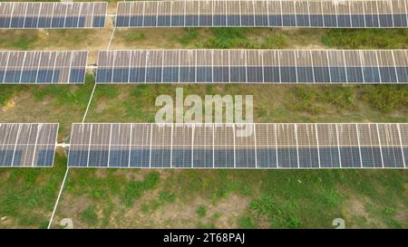 Solarfeld oder pv-Anlage mit Tracker und bifazialen Modulen Stockfoto