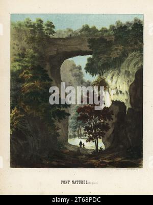 Blick auf die Natural Bridge, Rockbridge County, Virginia, USA, 19. Jahrhundert. Die Schlucht wurde vom Cedar Creek in einen Kalksteinberg gehauen. Pont Naturel (Virginie). Handkolorierte Lithografie von Emile Lemaitre aus Munerelles Les Phenomenes et Curiosites de la Nature (Naturphänomene und Kuriositäten), Libraire Derivaux, Straßburg, 1856. Stockfoto