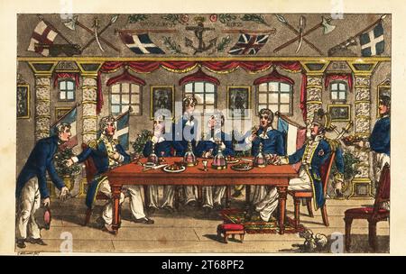 Midshipman Newcome verbeugt sich, als er das Abendessen in der Kabine des Kapitäns verlässt, HMS Victory. Captain Spring, Admiral Herbsty und andere Fahrer trinken nach dem Abendessen Wein. Der Raum ist mit Fahnen, Ankern, Schwertern, Äxten und Drucken dekoriert. State Cabin - Newcomes verlassen nach dem Abendessen. Handkolorierter Kupferstich nach einer Illustration von Charles Williams aus John Mitfords Adventures of Johnny Newcome in the Navy, London, 1819. Stockfoto