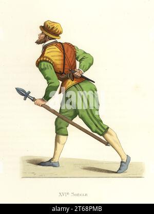 Französischer Jäger mit Speer, 16th Jahrhundert. In gestromtem Buff-Doublet oder Pourpoint, gestromtem grünem Blazer und Hosen, schwarzen Filz-Pantoffeln. Ein Horn hängt an einer Schnur. Nach einem handkolorierten Holzschnitt. Handkolorierte Lithographie nach einer Illustration von Edmond Lechevallier-Chevignard aus Georges Duplessis Costumes historiques des XVIe, XVIIe et XVIIIe siecles (Historische Kostüme des 16th., 17th. Und 18th. Jahrhunderts), Paris, 1867. Edmond Lechevallier-Chevignard war Künstler, Buchmaler und Innenarchitekt. Stockfoto