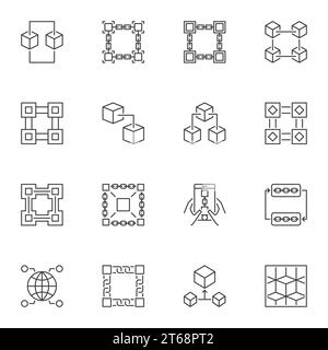 Sammlung abstrakter Symbole für Kryptowährung und Block-Chain. Vektorsatz von Blockchain-Umrisszeichen oder Designelementen Stock Vektor