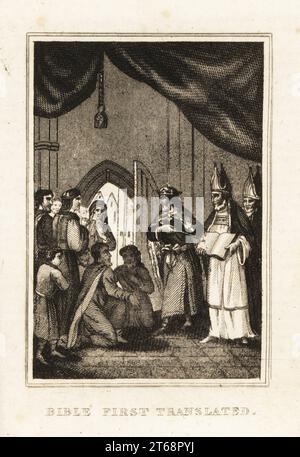 König Heinrich VIII. Und Bischöfe präsentierten William Tyndales erste englische Übersetzung der Bibel, 1525. Die Bibel wurde zuerst übersetzt. Kupferstich aus M. A. Jones History of England von Julius Caesar bis George IV., G. Virtue, 26 Ivy Lane, London, 1836. Stockfoto