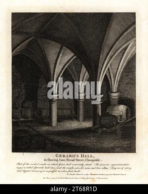 Unterirdische Gewölbe im Gerards Hall Inn in Basing Lane, Bread Street, Cheapside, 1795. Kupferstich von John Thomas Smith nach Originalzeichnungen von Mitgliedern der Society of Antiquaries aus seinen J.T. Smiths Antiquities of London and its Environment, J. Sewell, R. Folder, J. Simco, London, 1795. Stockfoto